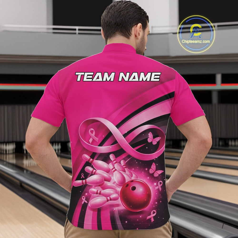 Male model in a bowling lane wearing a pink quarter zip shirt featuring awareness ribbon accents, butterflies, and bowling action artwork.