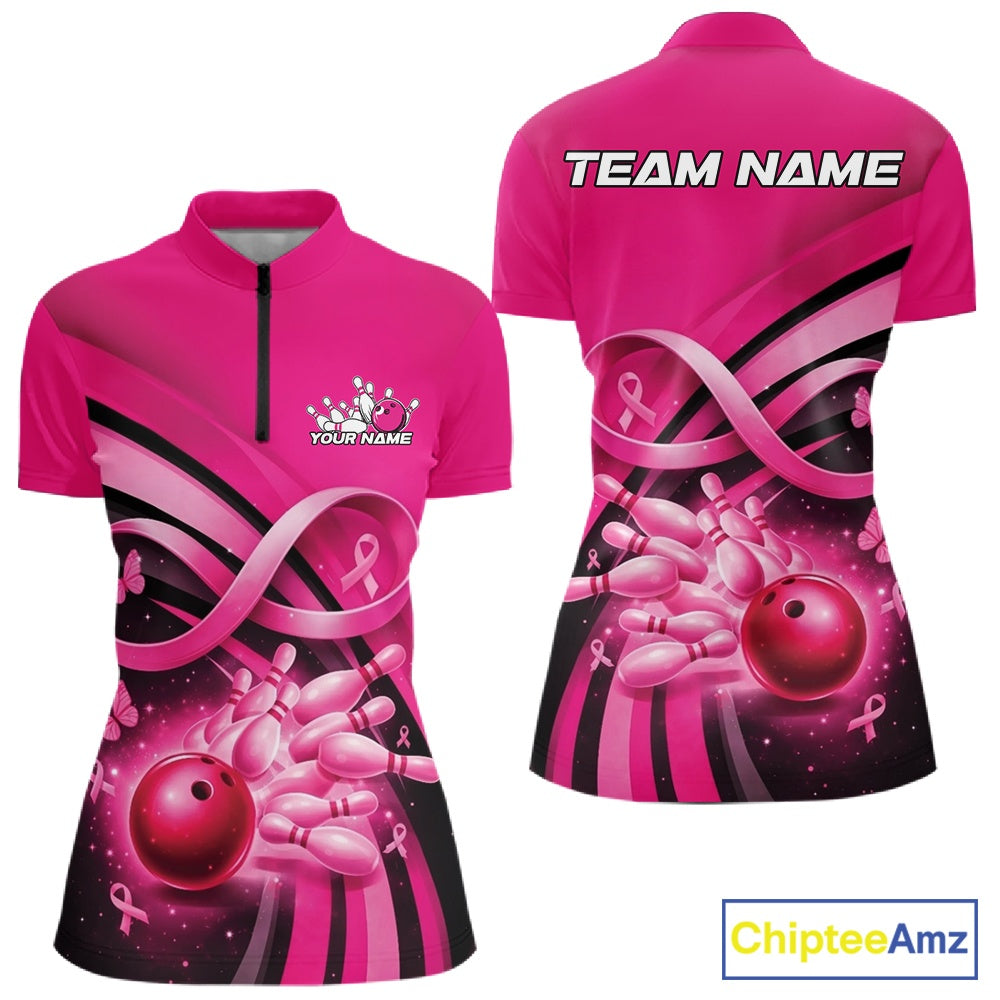 Front and back view of a pink women s bowling quarter zip featuring breast cancer awareness pink ribbons, small butterflies, and bowling-themed graphics.