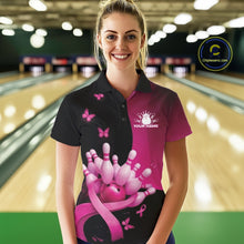 Load image into Gallery viewer, Custom Hope Pink Ribbon Butterfly Bowling Shirt For Women, Breast Cancer Bowling Shirt IPHW11329