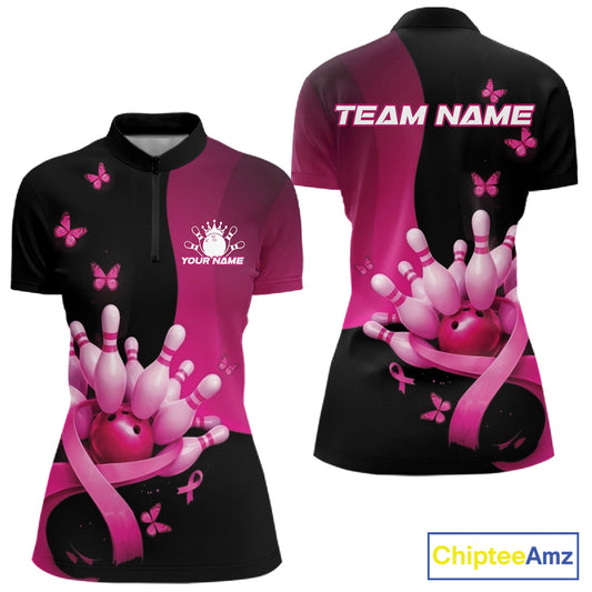 Women s black and pink bowling quarter zip mockup displayed from front and back with breast cancer awareness pink ribbons, butterflies, and bowling graphics.