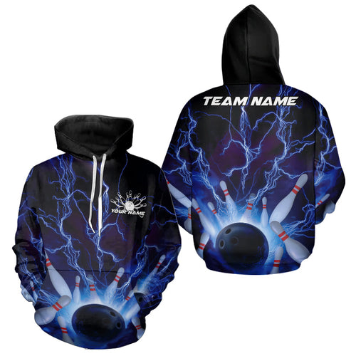 Custom Blue Thunder Lightning Bowling Ball And Pins Hoodie Shirts For Men And Women, Team Uniform IPHW9507