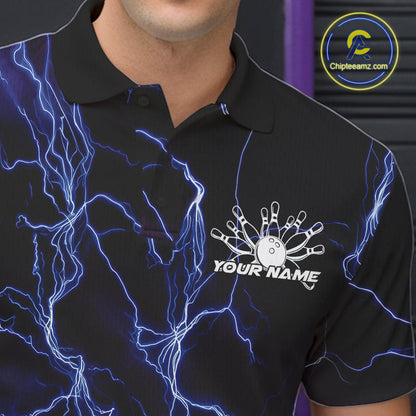 Custom Blue Thunder Lightning Bowling Ball And Pins Polo Shirts For Men, Team Uniform IPHW9507