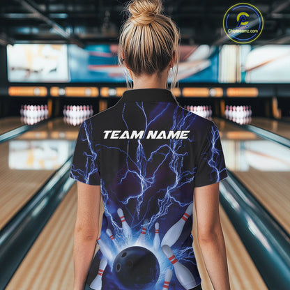 Custom Blue Thunder Lightning Bowling Ball And Pins Polo Shirts For Women, Team Uniform IPHW9507