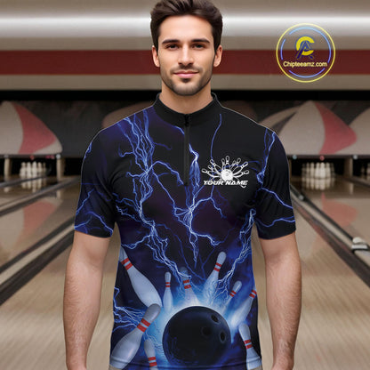 Custom Blue Thunder Lightning Bowling Ball And Pins Quarter-Zip Shirts For Men, Team Uniform IPHW9507