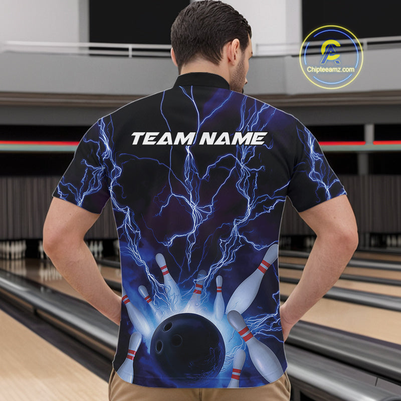 Custom Blue Thunder Lightning Bowling Ball And Pins Quarter-Zip Shirts For Men, Team Uniform IPHW9507