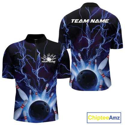 Custom Blue Thunder Lightning Bowling Ball And Pins Quarter-Zip Shirts For Men, Team Uniform IPHW9507
