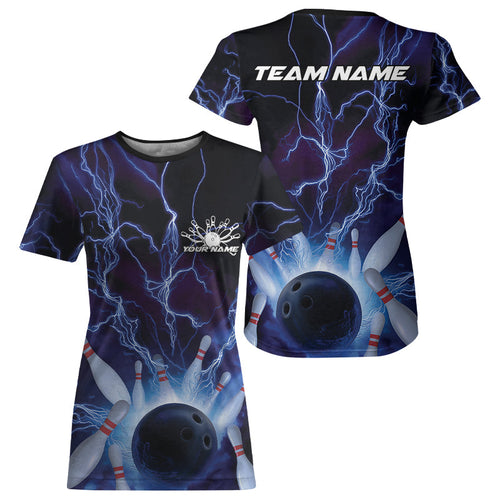 Custom Blue Thunder Lightning Bowling Ball And Pins T-Shirts For Women, Team Uniform IPHW9507