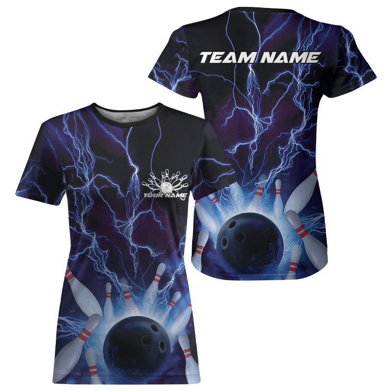Custom Blue Thunder Lightning Bowling Ball And Pins T-Shirts For Women, Team Uniform IPHW9507