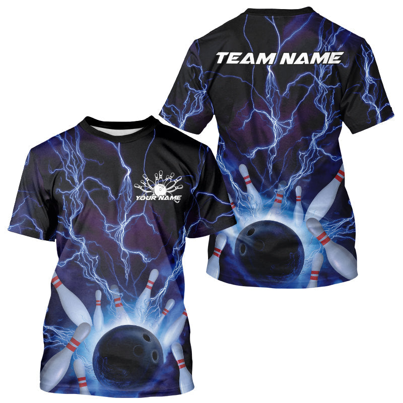 Custom Blue Thunder Lightning Bowling Ball And Pins T-Shirts For Men, Team Uniform IPHW9507