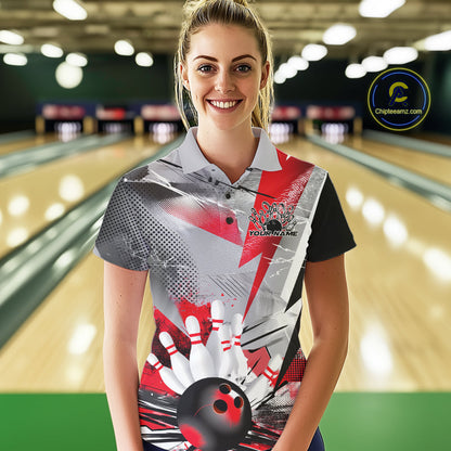 Custom Red And Gray Geometric Bowling Jerseys Bowling Team Polo Shirts For Women IPHW9508