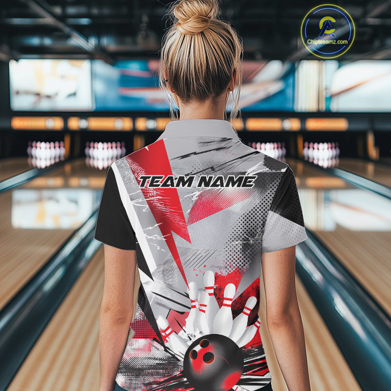 Custom Red And Gray Geometric Bowling Jerseys Bowling Team Polo Shirts For Women IPHW9508
