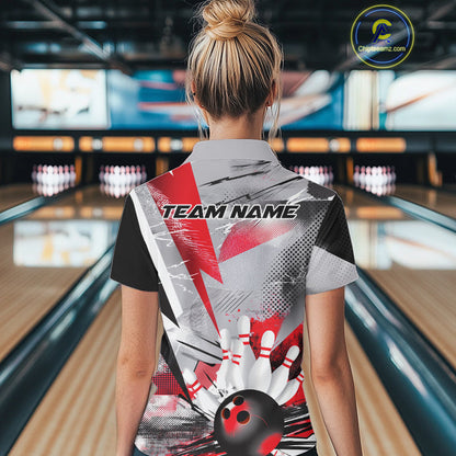 Custom Red And Gray Geometric Bowling Jerseys Bowling Team Polo Shirts For Women IPHW9508