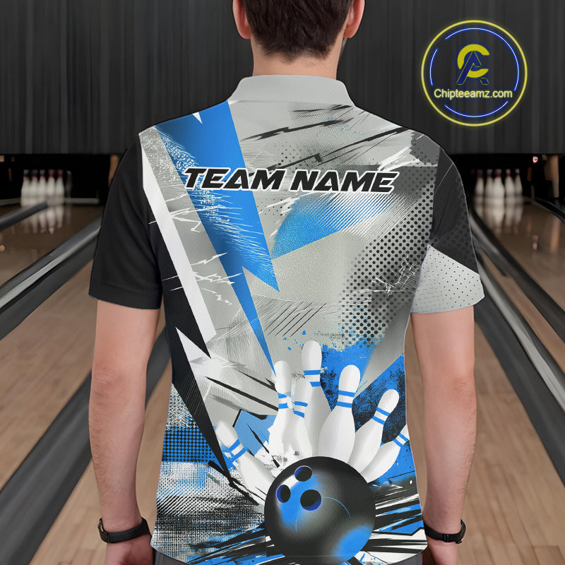 Custom Blue And Gray Geometric Bowling Jerseys Bowling Team Polo Shirts For Men IPHW9509