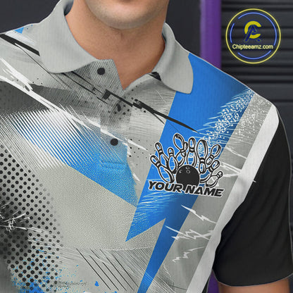 Custom Blue And Gray Geometric Bowling Jerseys Bowling Team Polo Shirts For Men IPHW9509