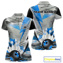 Load image into Gallery viewer, Custom Blue And Gray Geometric Bowling Jerseys Bowling Team Polo Shirts For Women IPHW9509