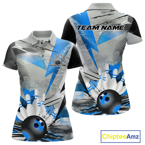 Custom Blue And Gray Geometric Bowling Jerseys Bowling Team Polo Shirts For Women IPHW9509