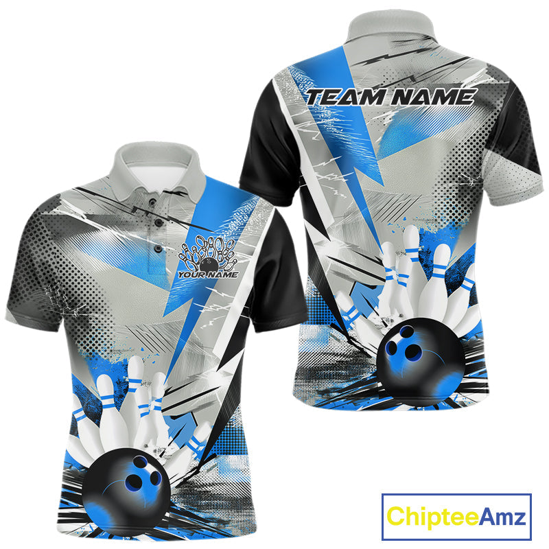 Custom Blue And Gray Geometric Bowling Jerseys Bowling Team Polo Shirts For Men IPHW9509
