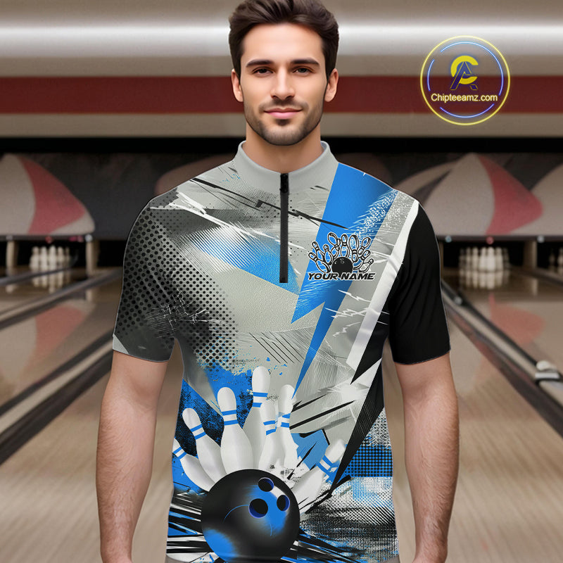 Custom Blue And Gray Geometric Bowling Jerseys Bowling Team Quarter-Zip Shirts For Men IPHW9509