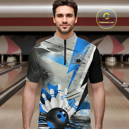 Custom Blue And Gray Geometric Bowling Jerseys Bowling Team Quarter-Zip Shirts For Men IPHW9509