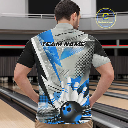 Custom Blue And Gray Geometric Bowling Jerseys Bowling Team Quarter-Zip Shirts For Men IPHW9509