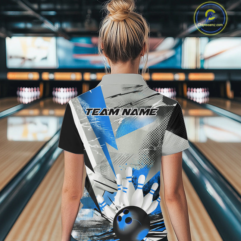 Custom Blue And Gray Geometric Bowling Jerseys Bowling Team Quarter-Zip Shirts For Women IPHW9509
