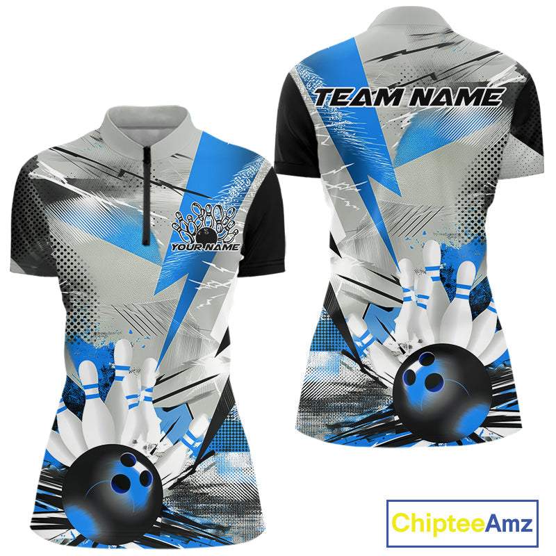 Custom Blue And Gray Geometric Bowling Jerseys Bowling Team Quarter-Zip Shirts For Women IPHW9509