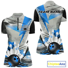 Load image into Gallery viewer, Custom Blue And Gray Geometric Bowling Jerseys Bowling Team Quarter-Zip Shirts For Women IPHW9509