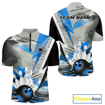 Custom Blue And Gray Geometric Bowling Jerseys Bowling Team Quarter-Zip Shirts For Men IPHW9509