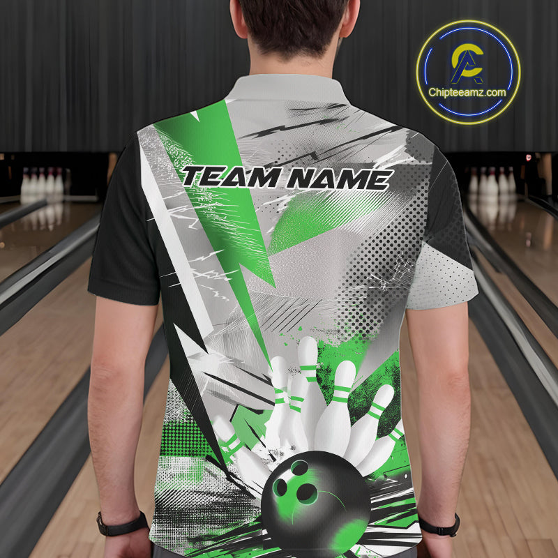 Custom Green And Gray Geometric Bowling Jerseys Bowling Team Polo Shirts For Men IPHW9510