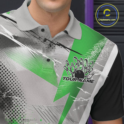 Custom Green And Gray Geometric Bowling Jerseys Bowling Team Polo Shirts For Men IPHW9510