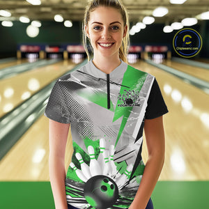 Custom Green And Gray Geometric Bowling Jerseys Bowling Team Quarter-Zip Shirts For Women IPHW9510