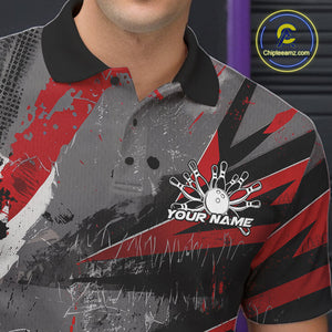Custom Grunge Red Bowling Polo Shirts For Men, Vintage Bowling Team Shirts IPHW9511