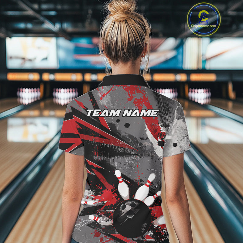 Custom Grunge Red Bowling Polo Shirts For Women, Vintage Bowling Team Shirts IPHW9511