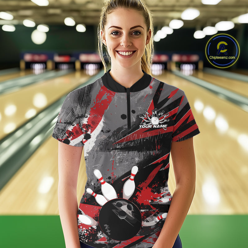 Custom Grunge Red Bowling Quarter-Zip Shirts For Women, Vintage Bowling Team Shirts IPHW9511