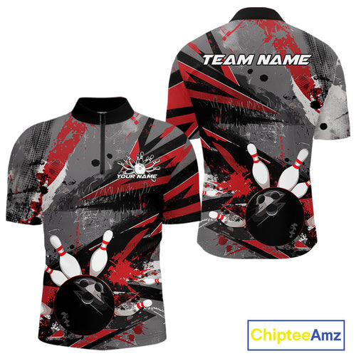 Custom Grunge Red Bowling Quarter-Zip Shirts For Men, Vintage Bowling Team Shirts IPHW9511