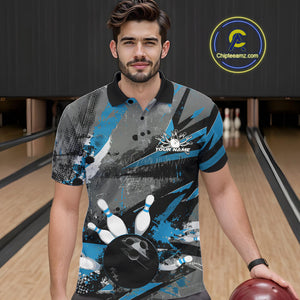 Custom Grunge Blue Bowling Polo Shirts For Men, Vintage Bowling Team Shirts IPHW9512