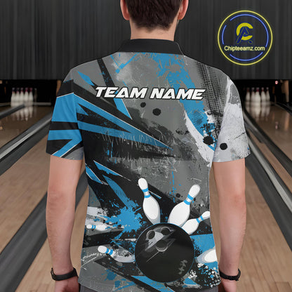Custom Grunge Blue Bowling Polo Shirts For Men, Vintage Bowling Team Shirts IPHW9512