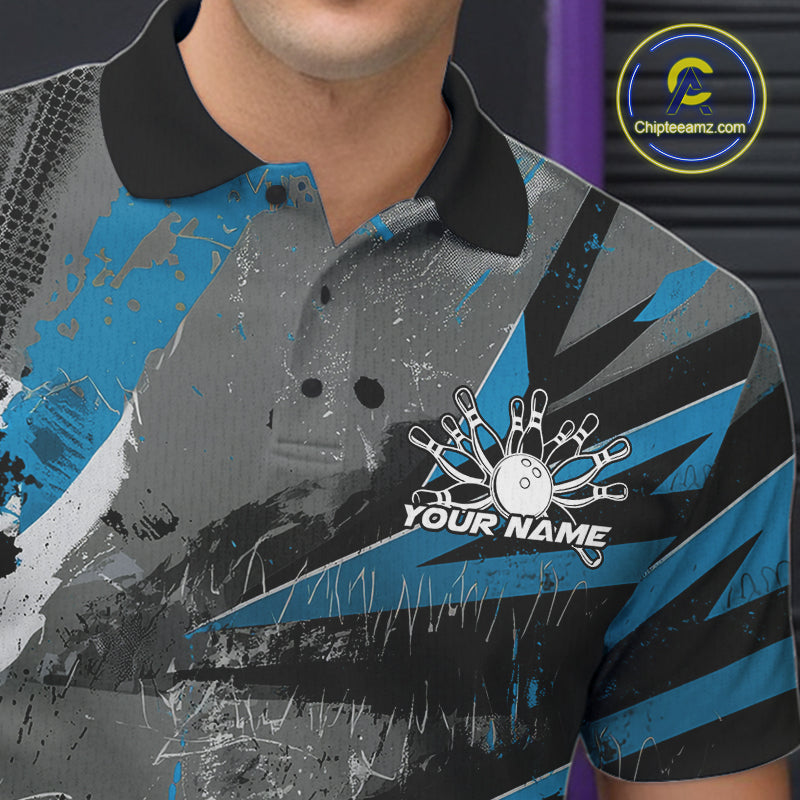 Custom Grunge Blue Bowling Polo Shirts For Men, Vintage Bowling Team Shirts IPHW9512