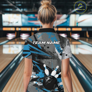 Custom Grunge Blue Bowling Quarter-Zip Shirts For Women, Vintage Bowling Team Shirts IPHW9512