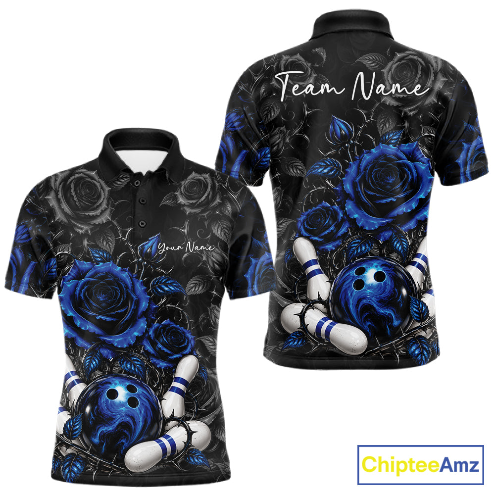 Custom Blue Roses Bowling Team Shirt, Flower Bowling Lover Men Polo Shirt Bowlers Gift IPHW12237