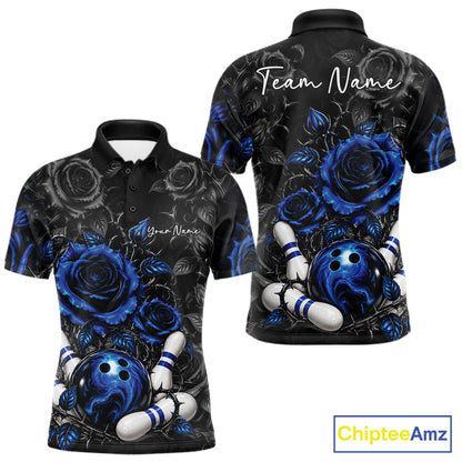 Custom Blue Roses Bowling Team Shirt, Flower Bowling Lover Men Polo Shirt Bowlers Gift IPHW12237