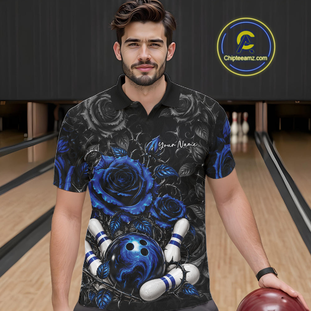 Custom Blue Roses Bowling Team Shirt, Flower Bowling Lover Men Polo Shirt Bowlers Gift IPHW12237