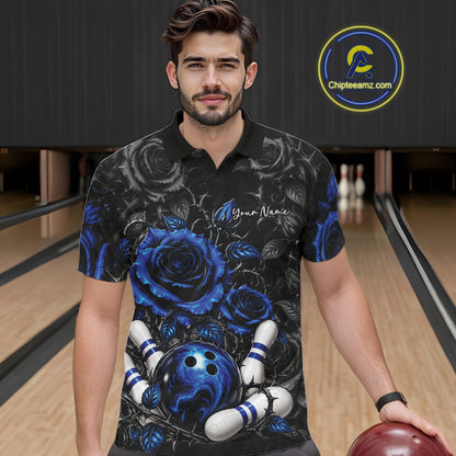 Custom Blue Roses Bowling Team Shirt, Flower Bowling Lover Men Polo Shirt Bowlers Gift IPHW12237