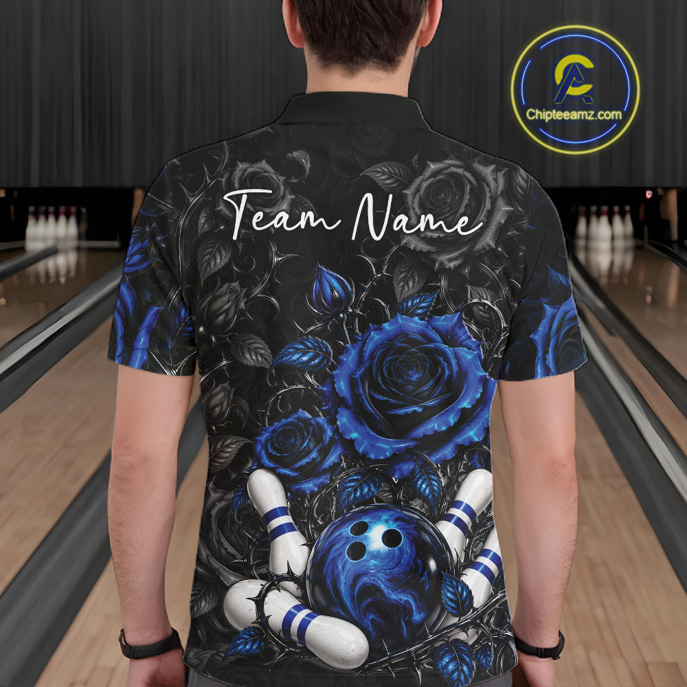 Custom Blue Roses Bowling Team Shirt, Flower Bowling Lover Men Polo Shirt Bowlers Gift IPHW12237