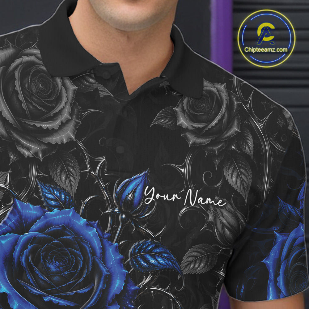 Custom Blue Roses Bowling Team Shirt, Flower Bowling Lover Men Polo Shirt Bowlers Gift IPHW12237