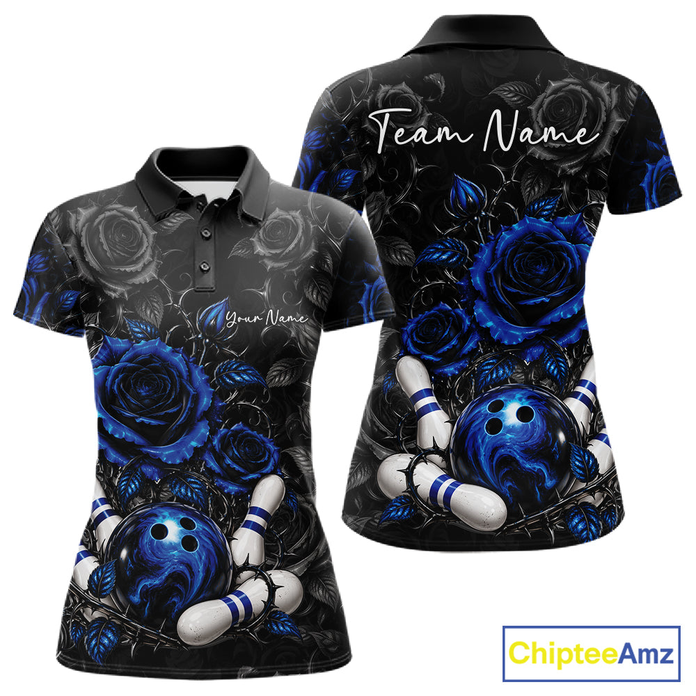 Custom Blue Roses Bowling Team Shirt, Flower Bowling Lover Women Polo Shirt Bowlers Gift IPHW12237
