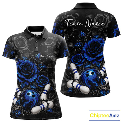 Custom Blue Roses Bowling Team Shirt, Flower Bowling Lover Women Polo Shirt Bowlers Gift IPHW12237