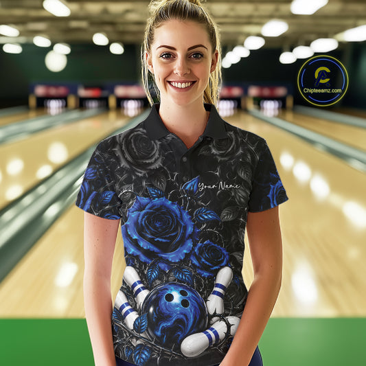 Custom Blue Roses Bowling Team Shirt, Flower Bowling Lover Women Polo Shirt Bowlers Gift IPHW12237