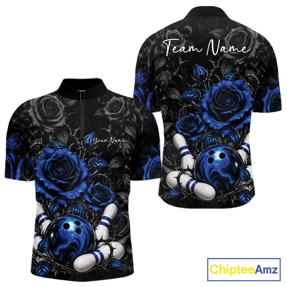 Custom Blue Roses Bowling Team Shirt, Flower Bowling Lover Men Quarter Zip Shirt Bowlers Gift IPHW12237