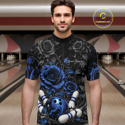Custom Blue Roses Bowling Team Shirt, Flower Bowling Lover Men Quarter Zip Shirt Bowlers Gift IPHW12237